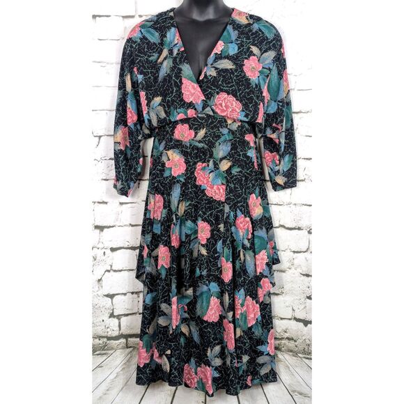 VINTAGE 80s PHOEBE Black Floral Belted Layered Midi Dress Boho Cottage Size 12 - Picture 1 of 8